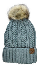 CC Beanie Thick Ribbed Knit Faux-Fur Pom Pom Lined Beanie