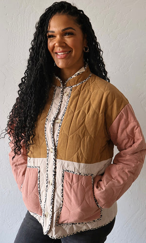 Maple Color Block Quilted Button Down Jacket