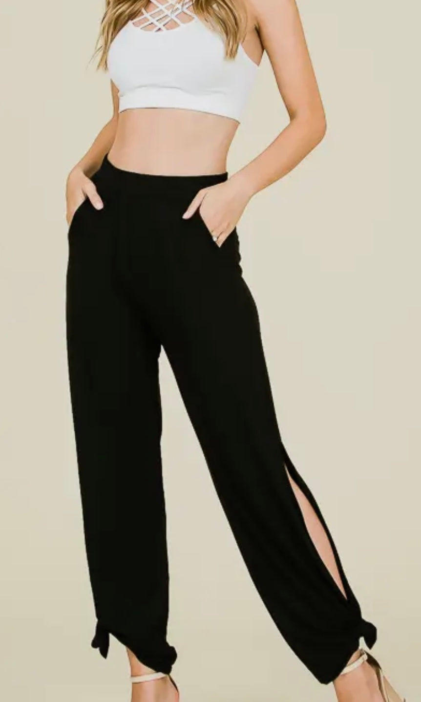 Gwen Black Print Lightweight Split Side Ankle Tie Pants