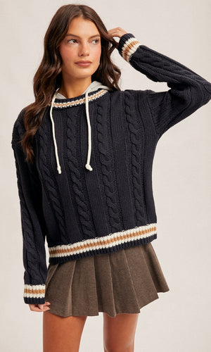 Miley Navy Contrast Hoodie Sweater Knit Top