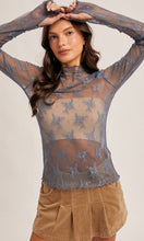 Megan Blue Mock Neck Lace Long Sleeve