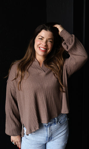 Odette Dark Taupe Quarter Split Ribbed Polo Top