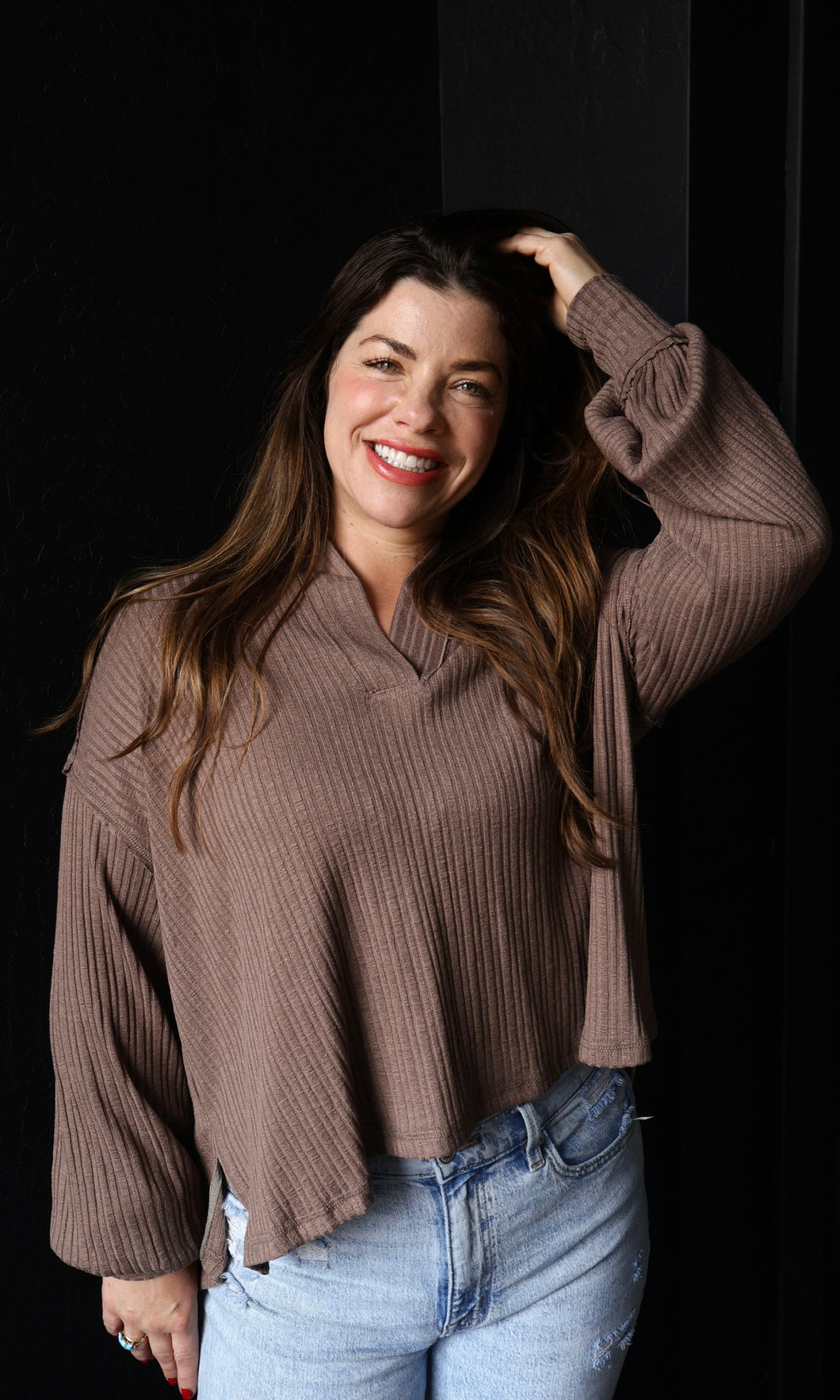 Odette Dark Taupe Quarter Split Ribbed Polo Top