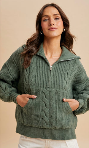Lyam Sage Chunky Cable Knit Half Zip Sweater