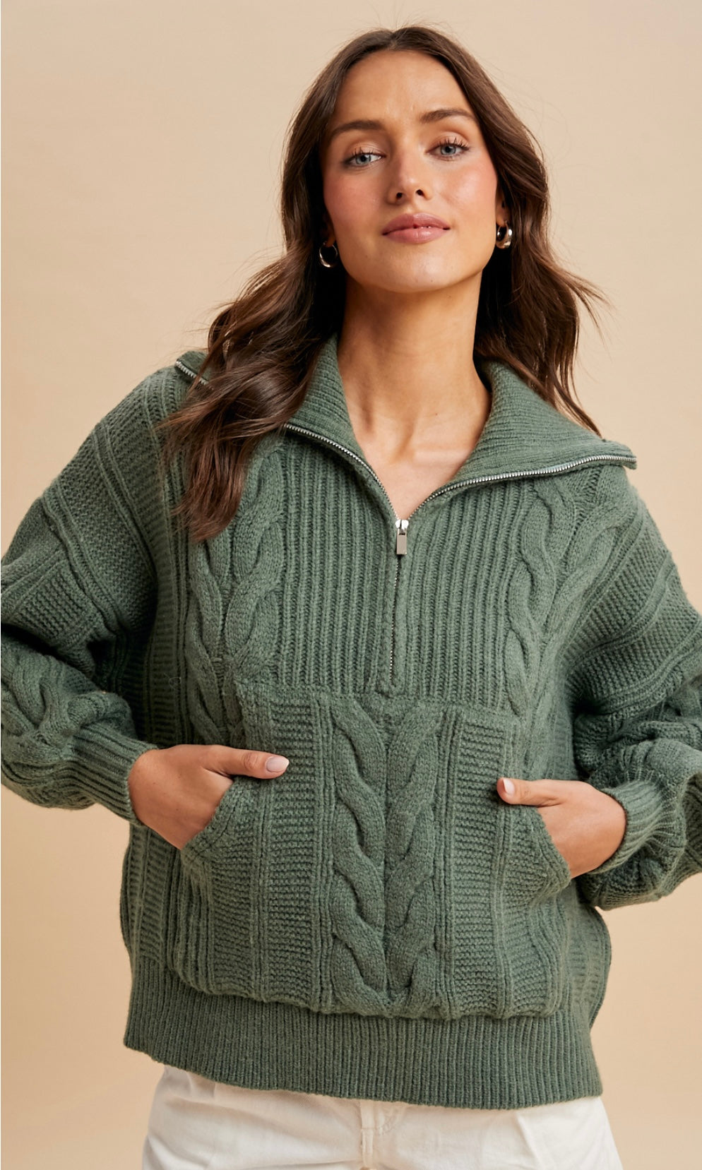 Lyam Sage Chunky Cable Knit Half Zip Sweater