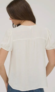 Heini Cream Eyelet Lace Trim Double Front Tie Puff Sleeve Top