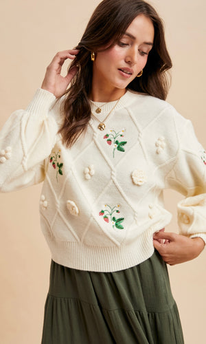 Luisa Cream 3D Embroidered Cable Pullover