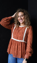 Ollie Rust Lace Trim High Neck Peplum Blouse