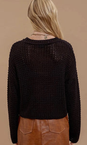 Hazlett Black Sheer Crew Neck Crochet Knit Sweater