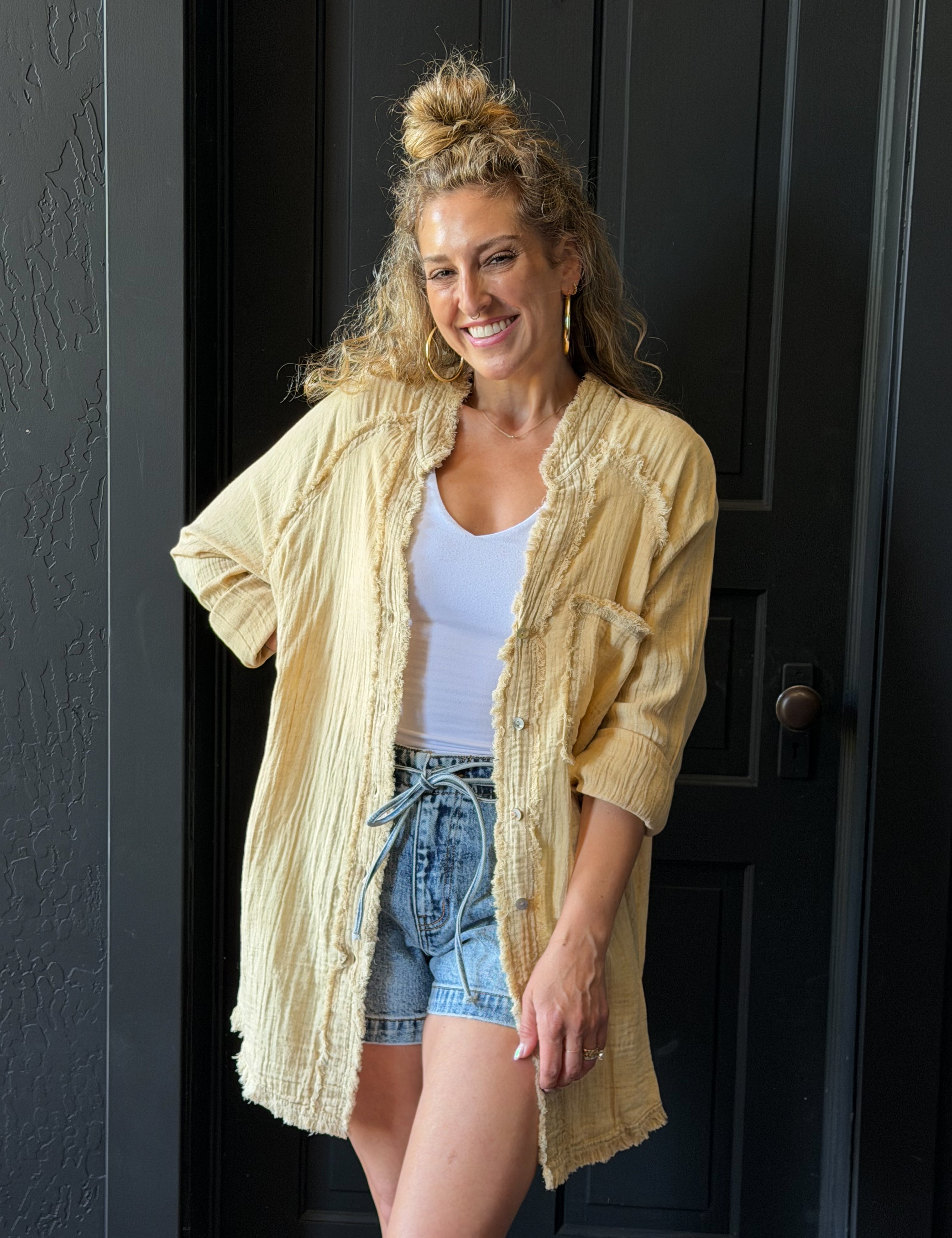 Lucas Long Sleeve V-neck Button Down Crinkled Shirt