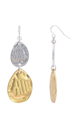 Two Tone Hammered Gold & Silver Disc Teardrop Earrings