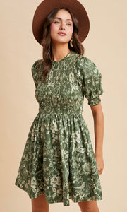 Lisha Olive Smocked Cotton Floral Mini Dress