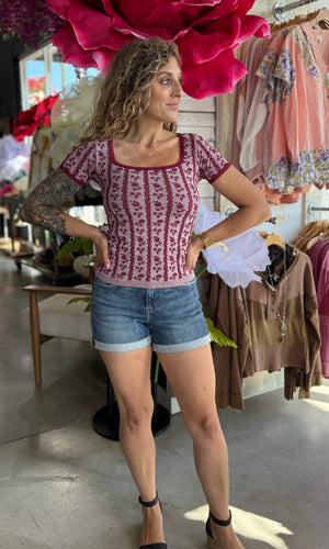 Miles Raspberry Lace Trimmed Floral Motif Seamless Tee