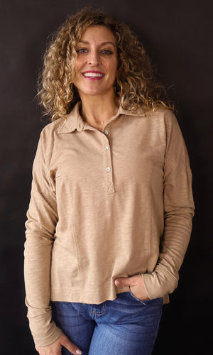 Oaklyn Taupe Garment Washed Long Sleeve Polo Top
