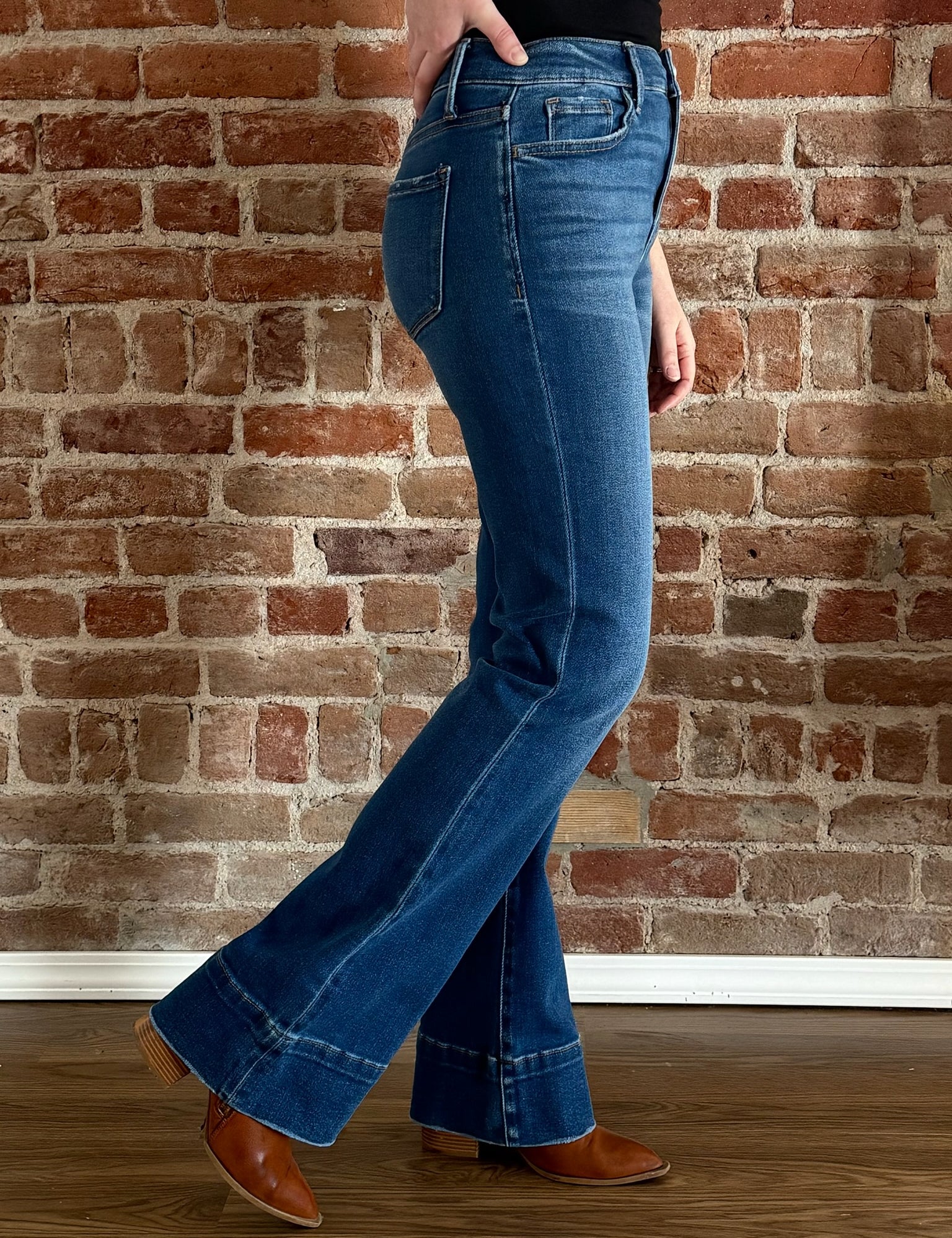 Uriah High Rise Dark Wash Trouser Hem Bootcut Jeans
