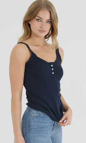 German Navy Lace Trim Rib Knit Cami