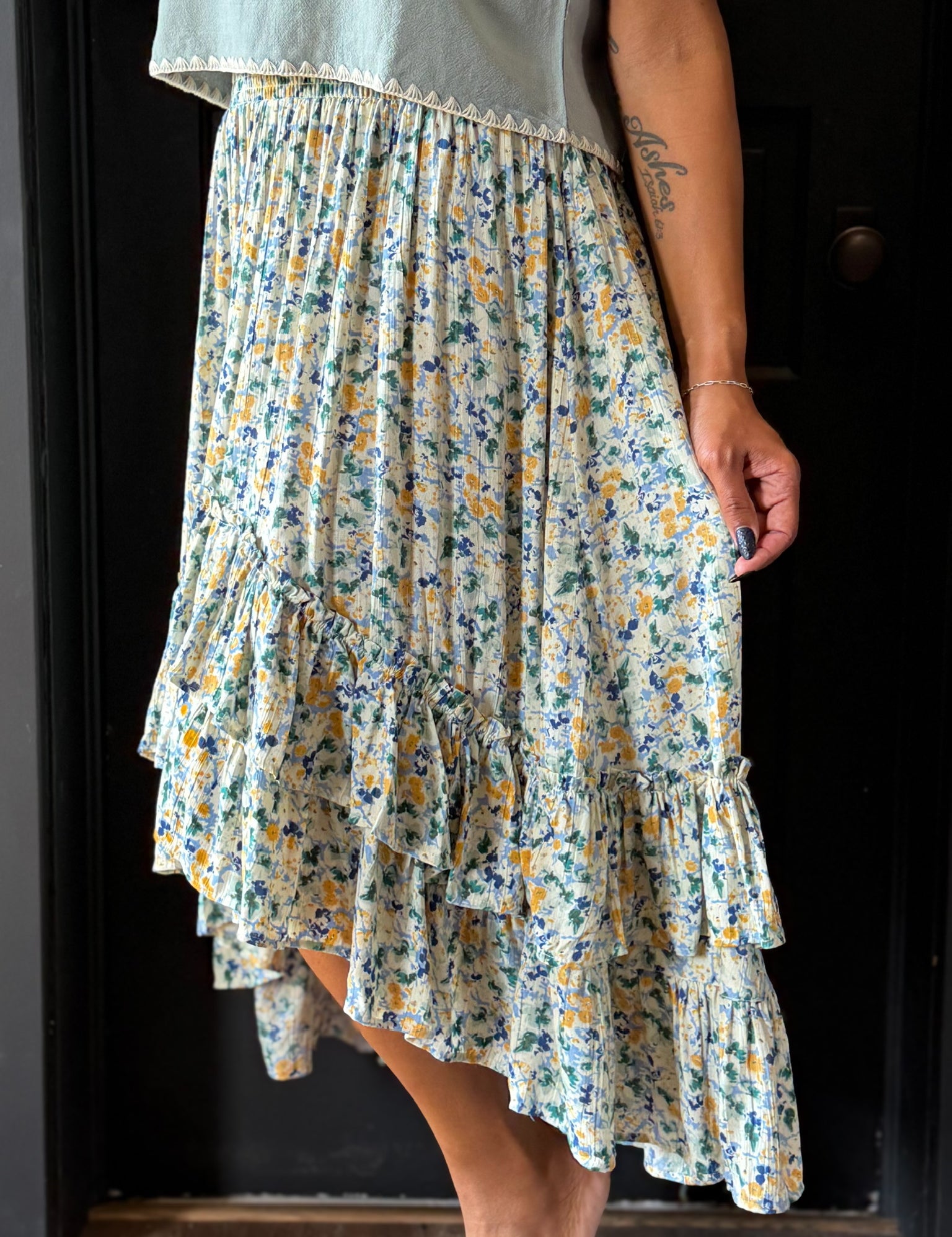 Hayley Floral Print Smocked Waistband Hi Lo Midi Skirt