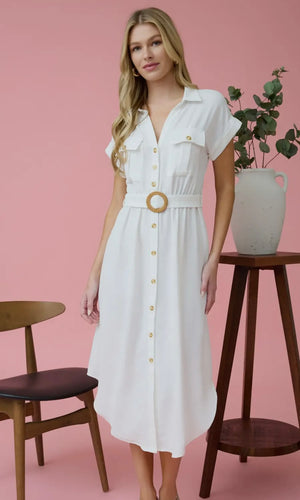 Gracie White Collared Button Down Belted Midi Dress
