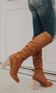 Rowan Brown Suede Chunky Heel Knight Boots