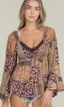 Amalia Espresso Wide Flare Bell Sleeve Lace Trim Blouse