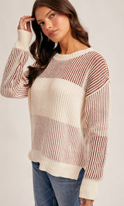 Mary Pink Round Crew Neck Color Block Pullover Sweater
