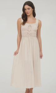 Lyra LT. Taupe Shirred Front Tie Detail Sleeveless Midi Dress