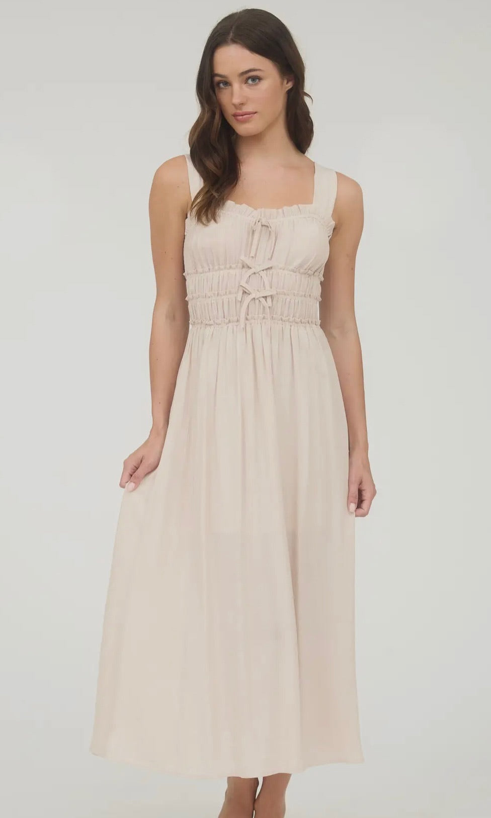 Lyra LT. Taupe Shirred Front Tie Detail Sleeveless Midi Dress