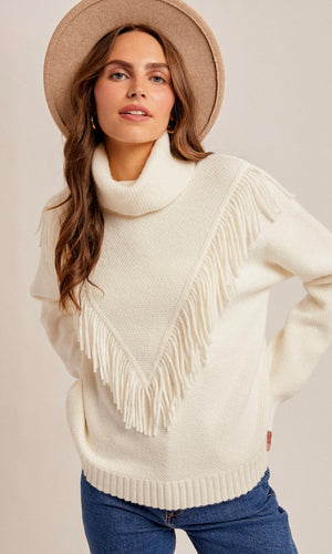 Melody Off-White Fringe Detailed Mock Neck Sweater