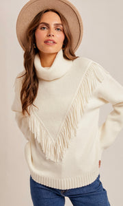 Melody Off-White Fringe Detailed Mock Neck Sweater