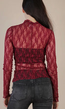 Percy Wine High Neck Fitted Sheer Mesh Lace Knit Top