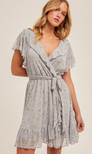 Aria Pale Blue V Neck Ruffled Floral Print Midi Dress