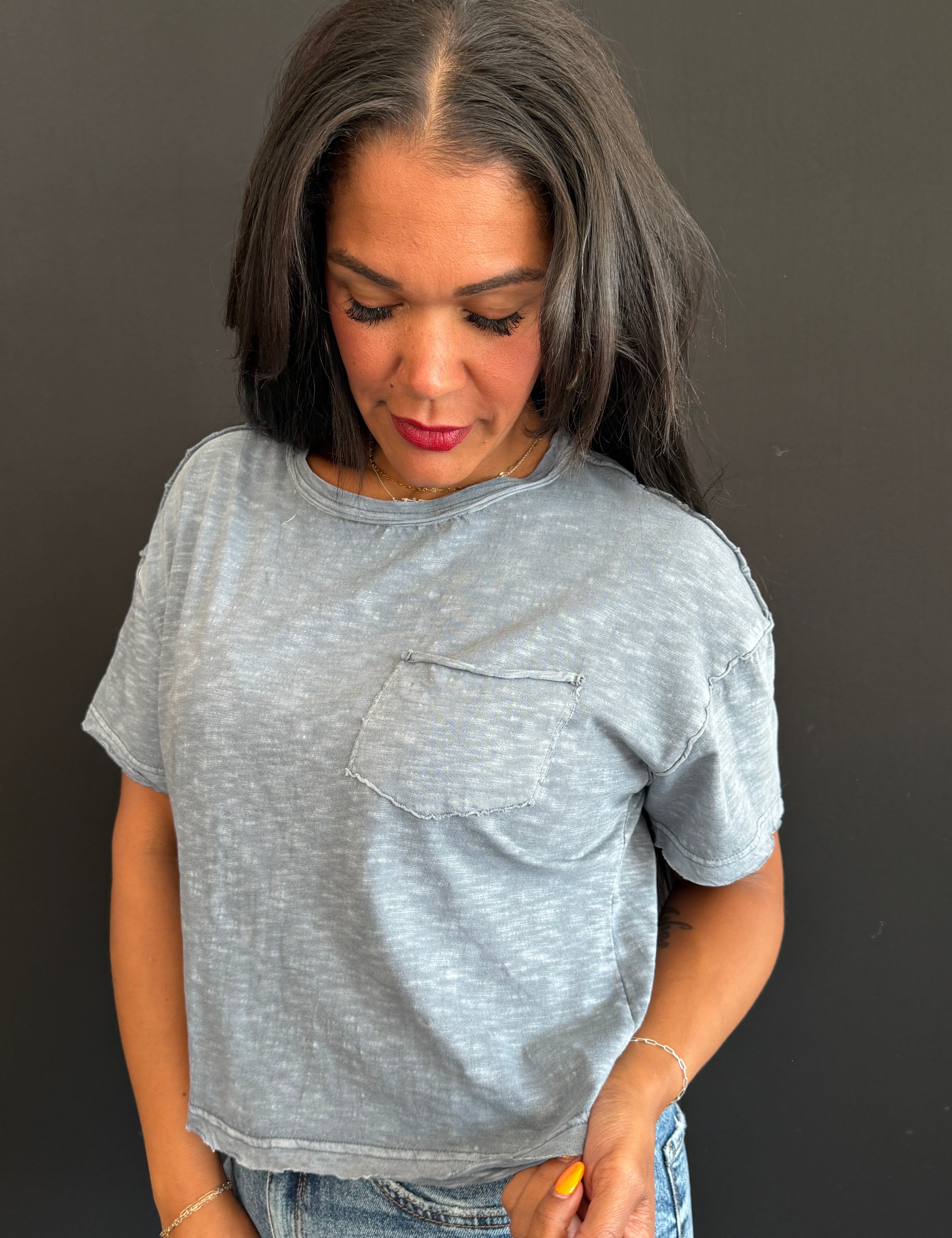 Talbot Raw Edge Exposed Seam Short Sleeve Knit Crop Top