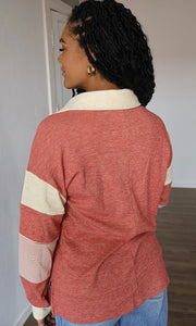 Mae Red Brushed Jersey Stripe Mixed Color Block Pullover