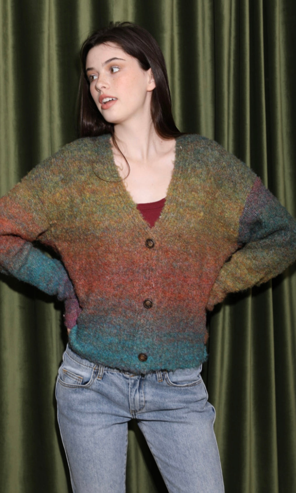 Cree Rainbow V Neck Button Front Cardigan Sweater