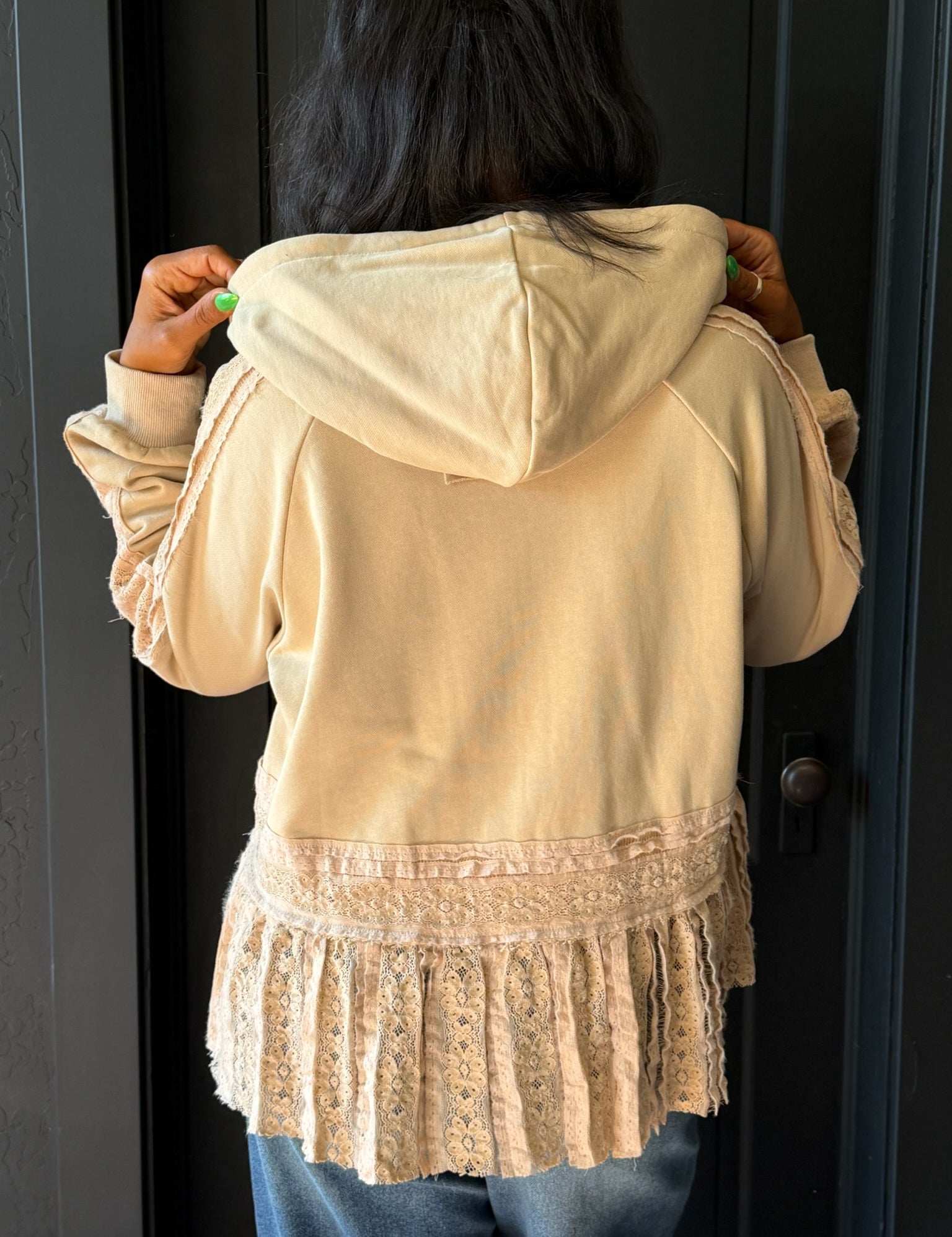 Nellie Taupe Lace Ruffle Terry Hoodie Cardigan