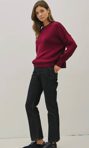 Idris Burgundy Ribbed Knit Sweater with Raw Seam Details