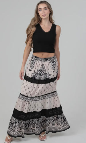 Presley  Lace Trim Printed Maxi Skirt