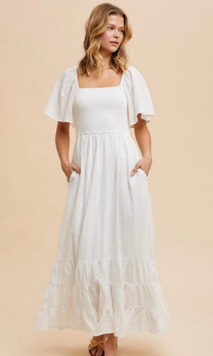 Faith Off White Smocked Cotton Flutter Sleeve Maxi Dress