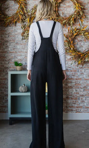 Paislee Black Rib Knit Wide Leg Adjustable Strap Overall Jumpsuit