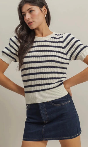 Dawson Navy Puff Sleeve Scallop Edge Striped Knit Top