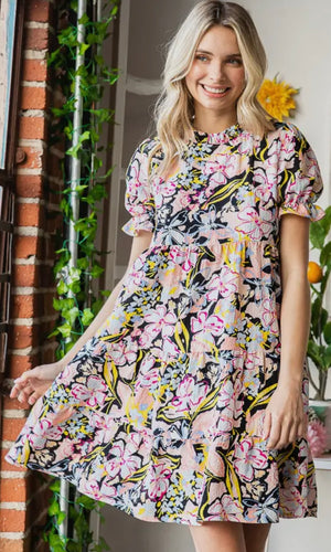 Dominique Black and Pink Floral Tiered Mini Dress