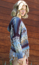 Chase Blue Aztec Design Hooded Fringe Hem Pullover Sweater