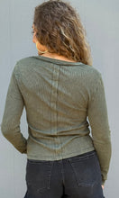 Marigold Green Snow Wash Rib Button Down Long Sleeve Top