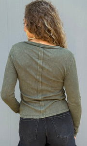 Marigold Green Snow Wash Rib Button Down Long Sleeve Top