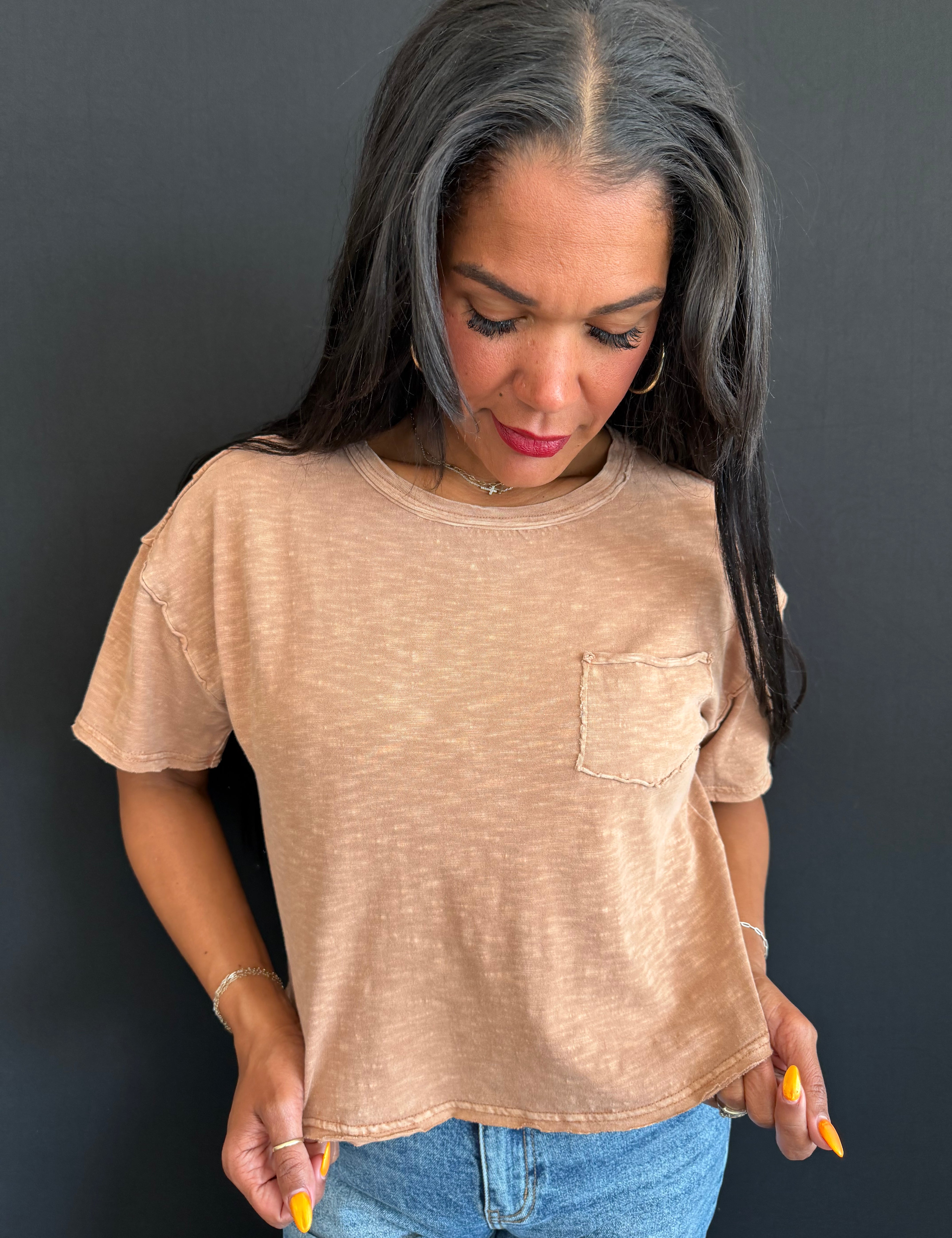 Talbot Raw Edge Exposed Seam Short Sleeve Knit Crop Top