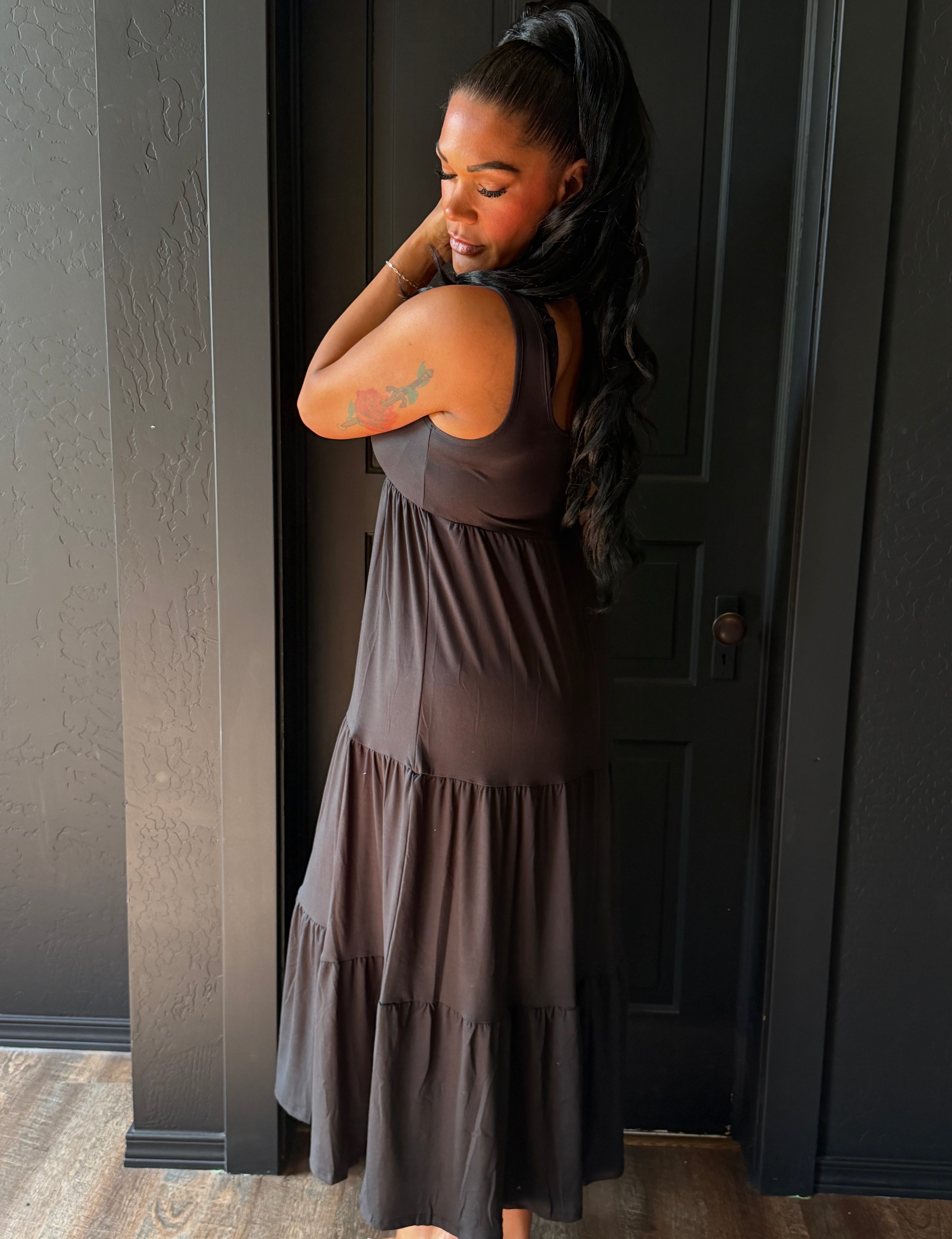 Cassia Black Tiered Layered Hem Maxi Dress