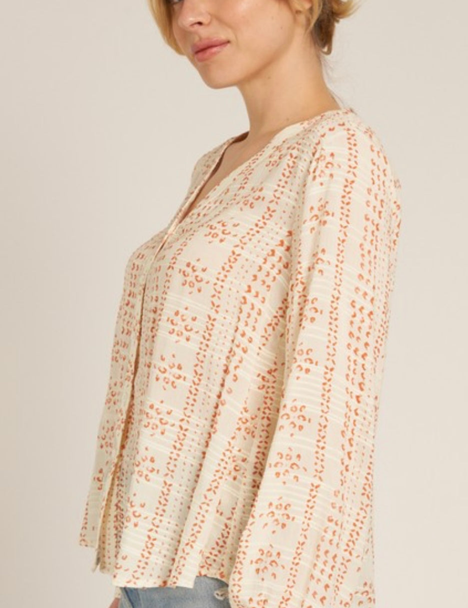 Gorimon Orange Cream Pattern V Neck Button Front Long Sleeve Blouse