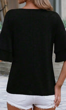 Gemma Black Solid Color V-Neck Double Layer Sleeve Loose T-Shirt