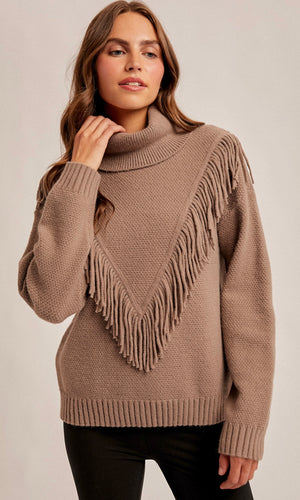 Melody Mocha Fringe Detailed Mock Neck Sweater