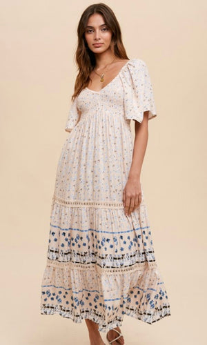 Ablay-Cream Boho Border Print Smocked Midi Dress